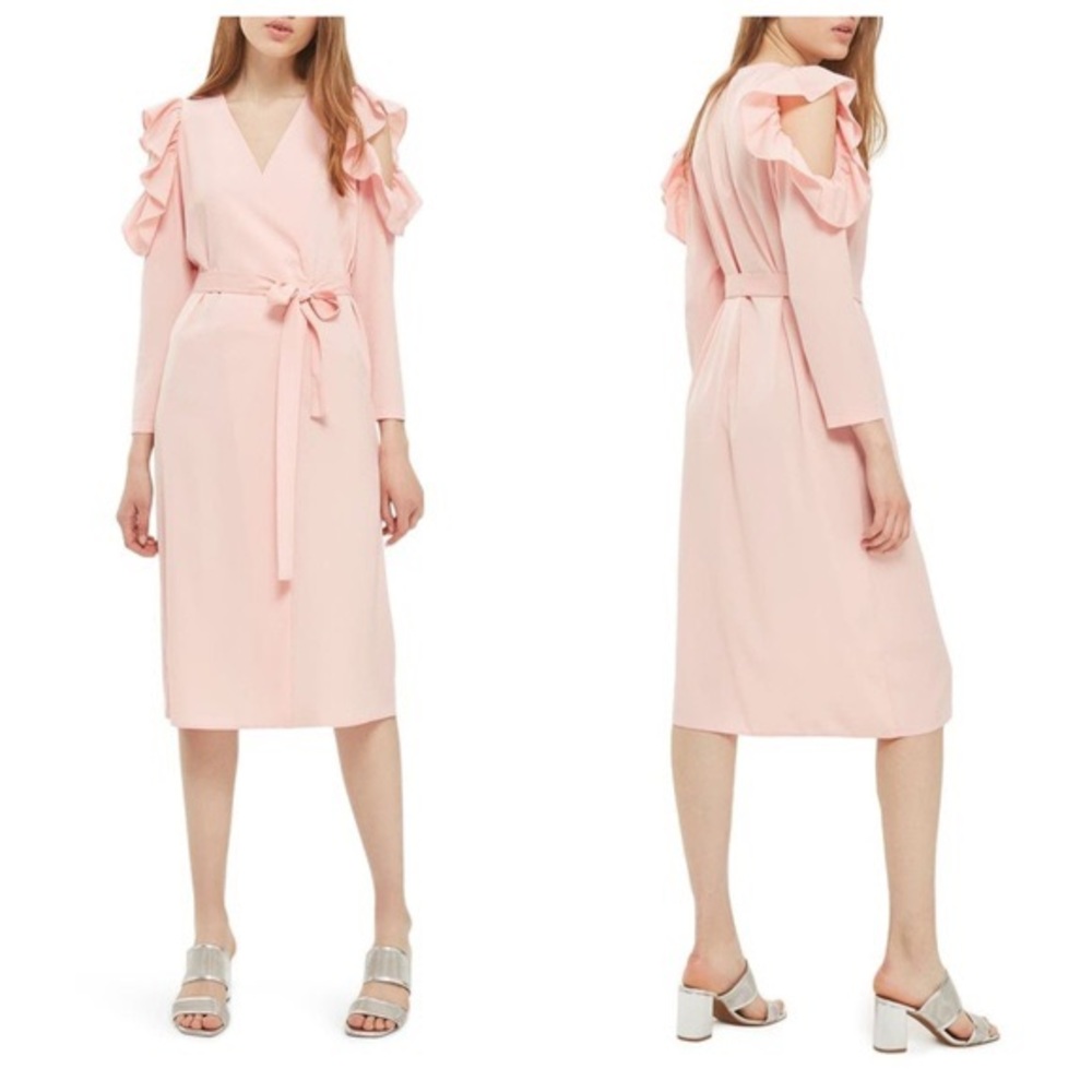Pink ruffle sleeve wrap dress